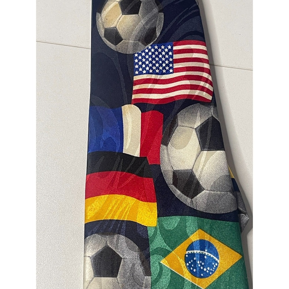 Fratello Hand‎ Made Mens Tie Navy Blue Soccer Flags USA UK France Germany Brazil